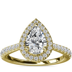 Anillo de compromiso de diamante en forma de pera con halo y detalle de puente de diamantes en oro amarillo de 14 k (1/3 qt. total)